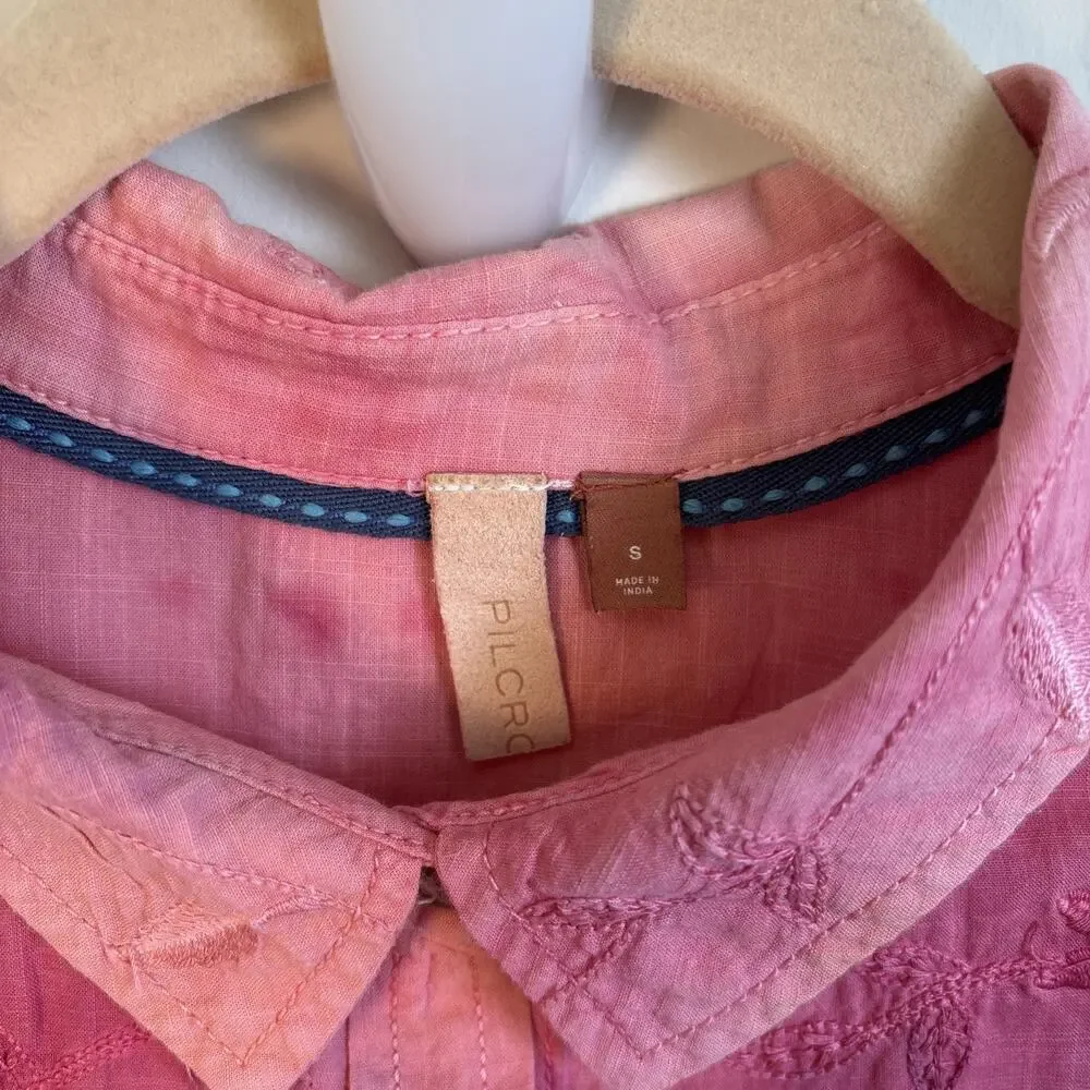 Anthropologie Pilcro Embroidered Tonal Pink Tie Dye Button Up S Boho Cottagecore - Picture 2 of 16